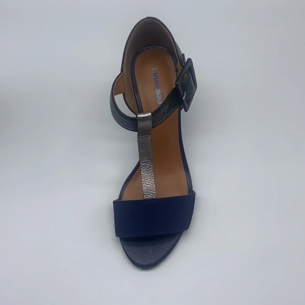 True Soul - Blue Suede And Black and Silver Leather Open Toe Heels Size 7